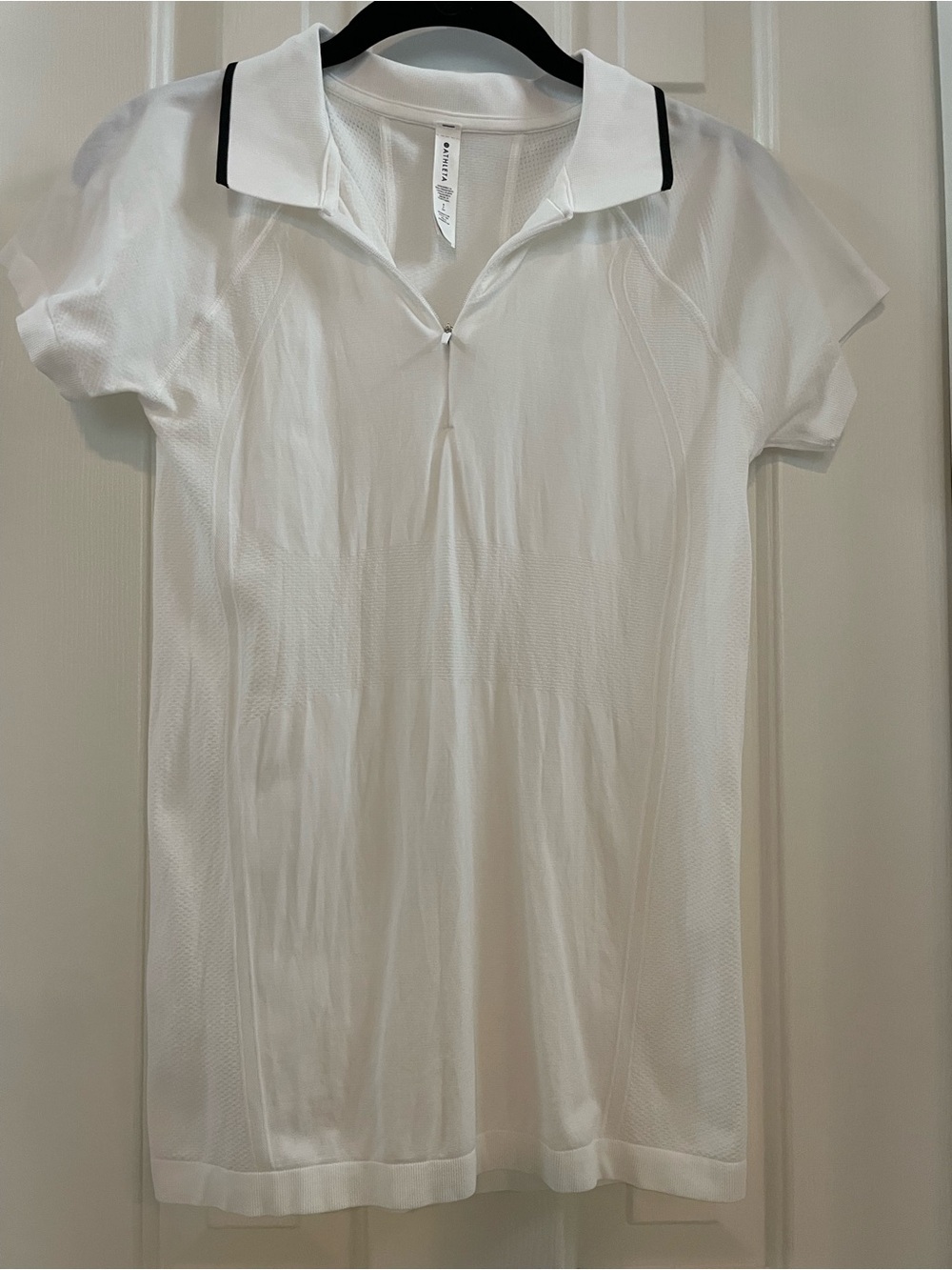 Athleta White Polo Top with Black Collar Trim